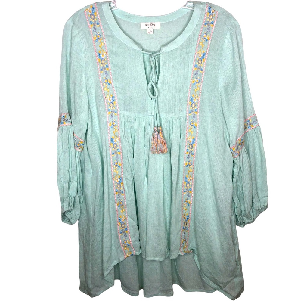 UMGEE Mint Green Boho Embroidery Tassel Tiered Peasant Sleeve Tunic Top Blouse